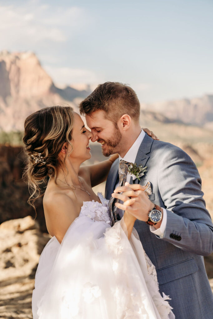 couple dancing at their intimate mountain elopement 
