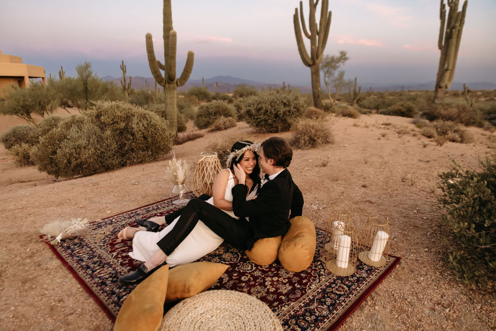 couple at their picnic themed elopement